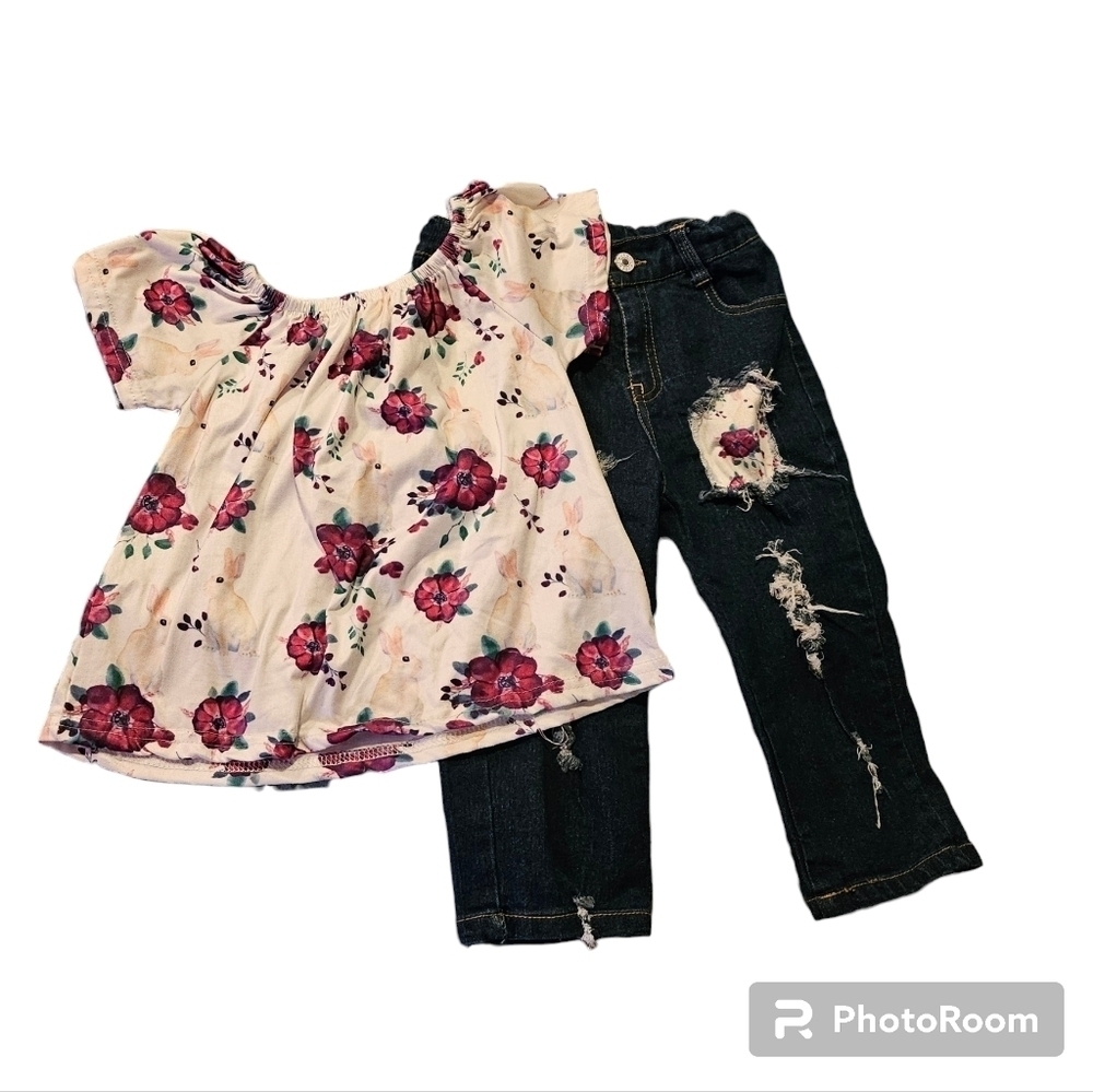 BMG Boutique 2pc Easter Top & Distressed Patched Denim Capris Size 2XL or 6 yrs